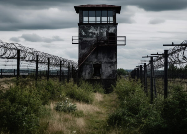 Rusty barbed wire fence surrounds abandoned prison generated by artificial intelligence