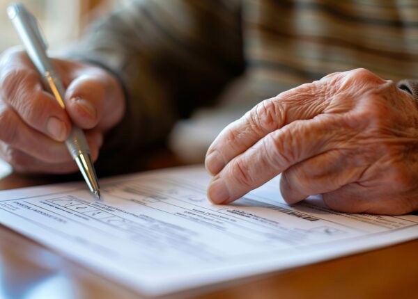Person filling out a mail-in ballot at home, pen in hand and focused expression
