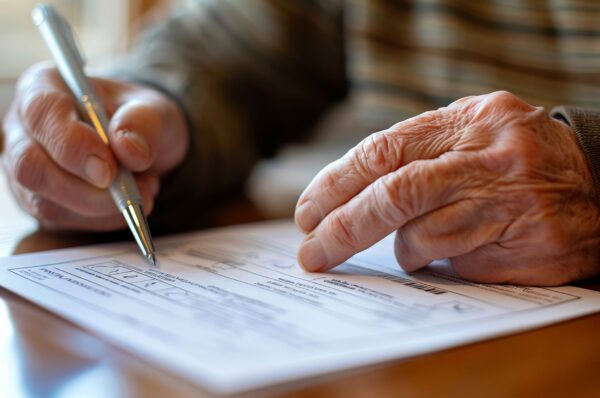 Person filling out a mail-in ballot at home, pen in hand and focused expression